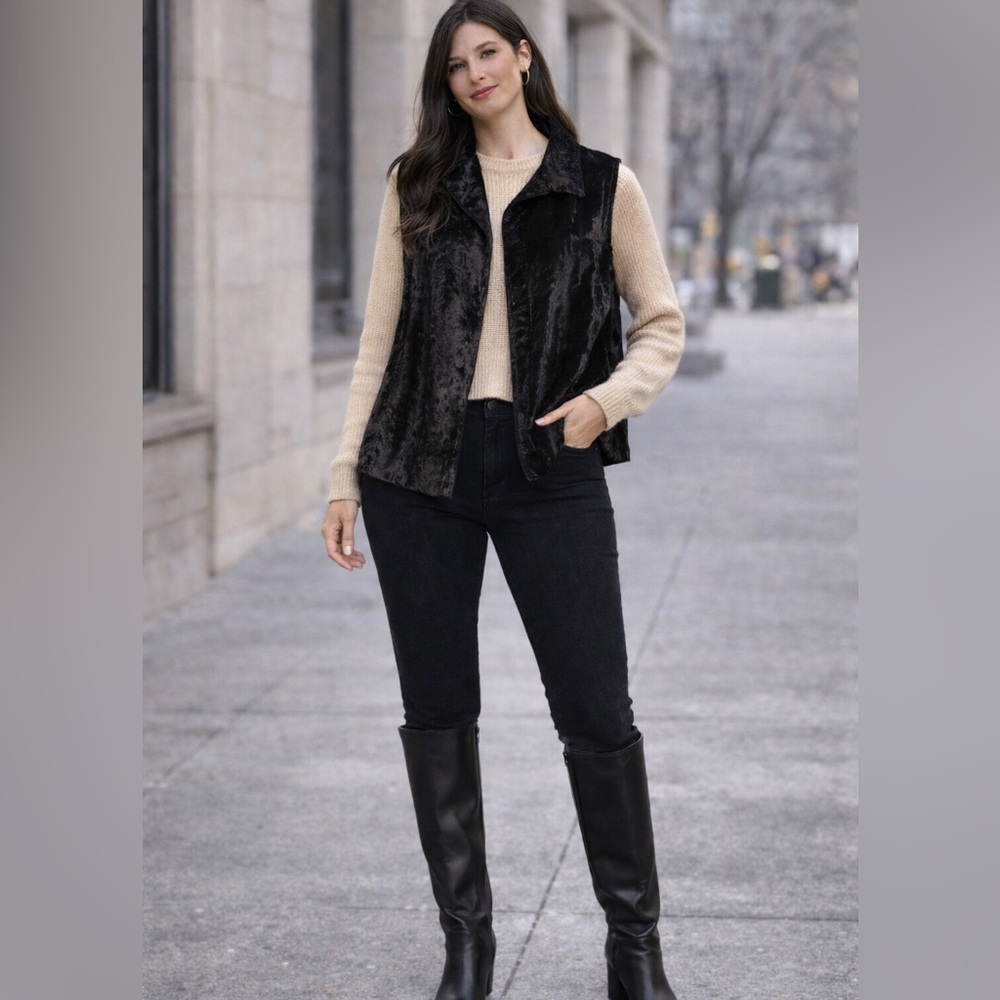 Vintage Olsen Black Collar Up Faux Fur Vest Pockets SZ US 12/ EUR 44 Y2K